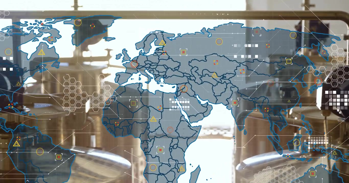 Tanque de fermentación estático accionado iniciando la expansión de un mapa y visualizando capas de datos con tuberías.