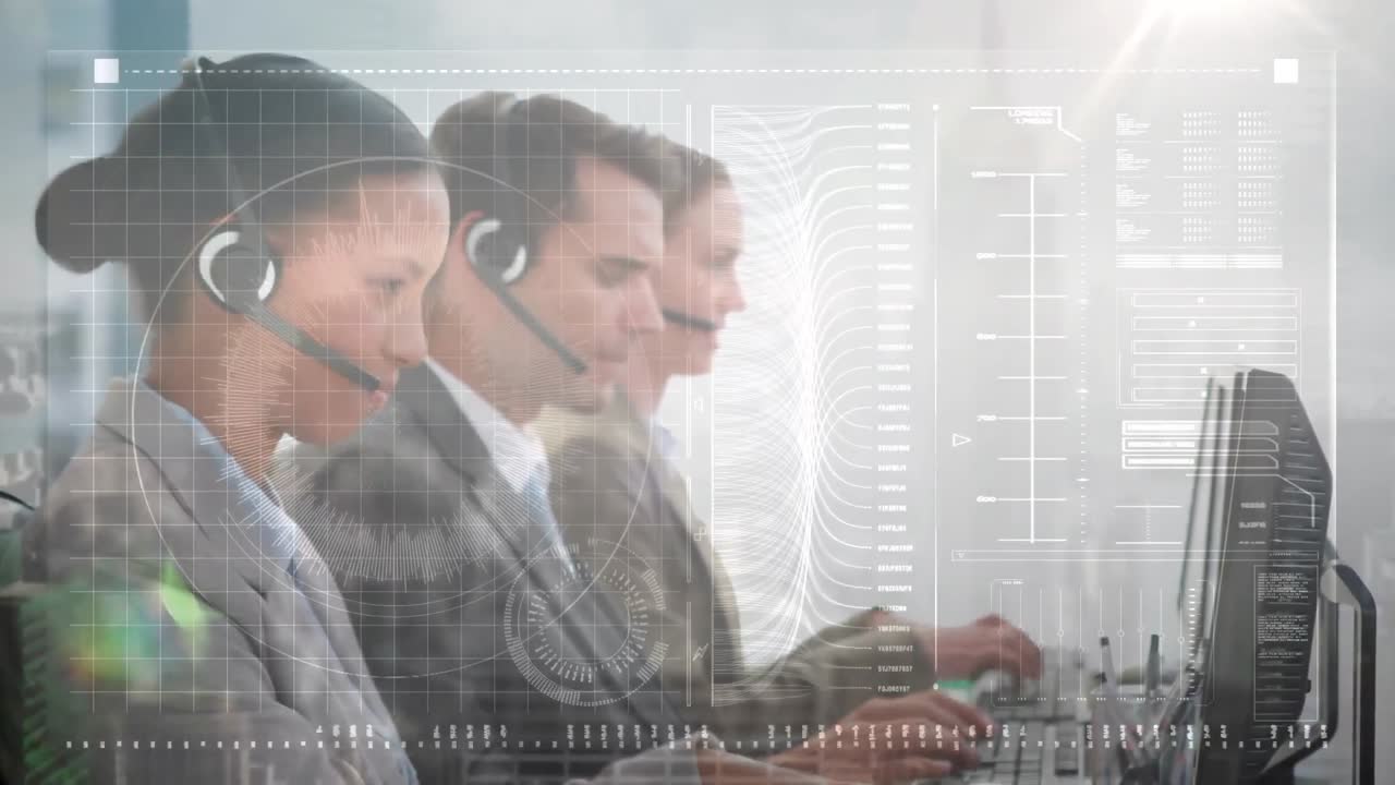 animación del procesamiento de datos financieros sobre personas de negocios que trabajan en la oficina