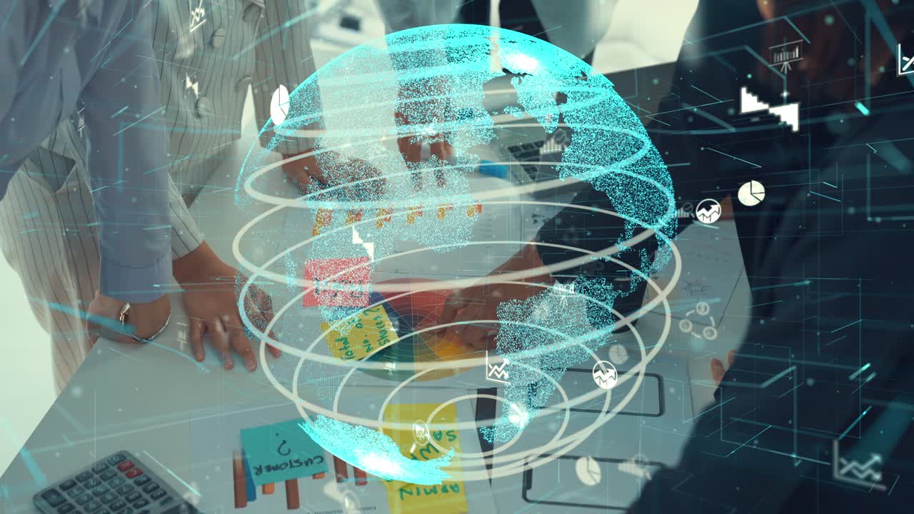 기업 직원 회의에서 비전 그래픽과 함께 비즈니스 사람들