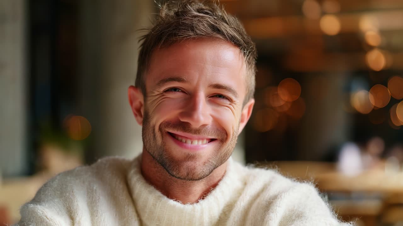 A joyful individual exuding warmth and happiness while seated in a cozy environment, showcasing a delightful smile amidst a backdrop of soft bokeh lights and a welcoming atmosphere