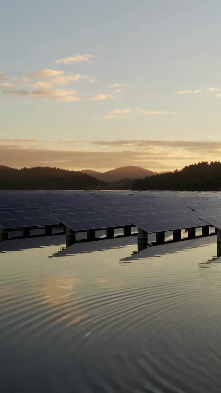 Video verticale: Panoramica della telecamera che rivela pannelli solari galleggianti su un lago, la brezza increspa i riflessi