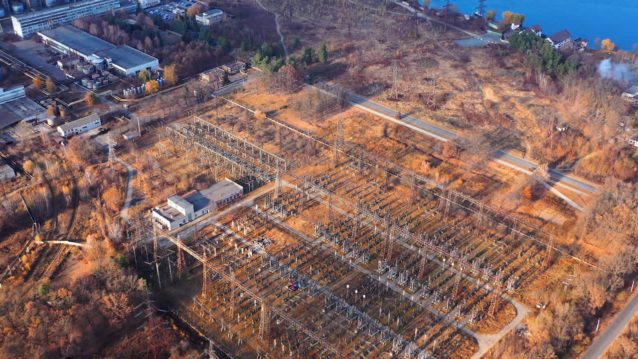 High voltage power mini electricity station. Drone view of electricity supplies.