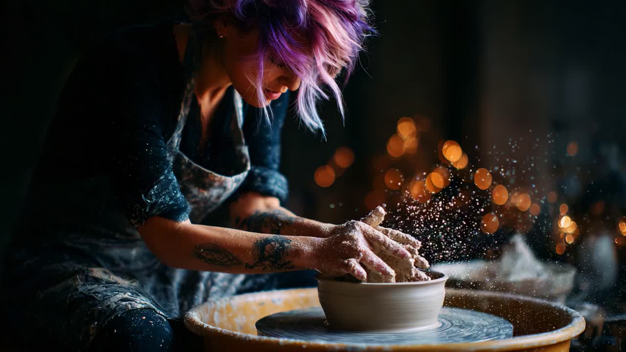 An Artistic Journey of a Potter: Captivating Moments of Craftsmanship and Creation in Aesthetic Clay Pottery Scenes with a Vibrant Artisan at Work