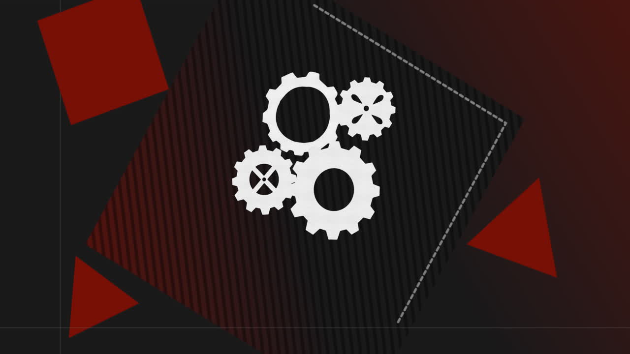 Animation of setting icons spinning and red abstract shape against black background