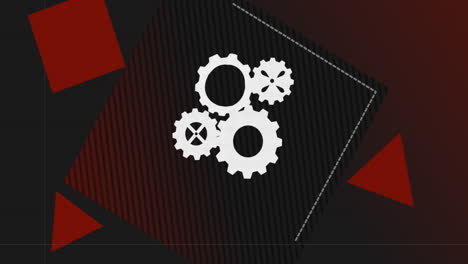 animation of setting icons spinning and red abstract shape against black background