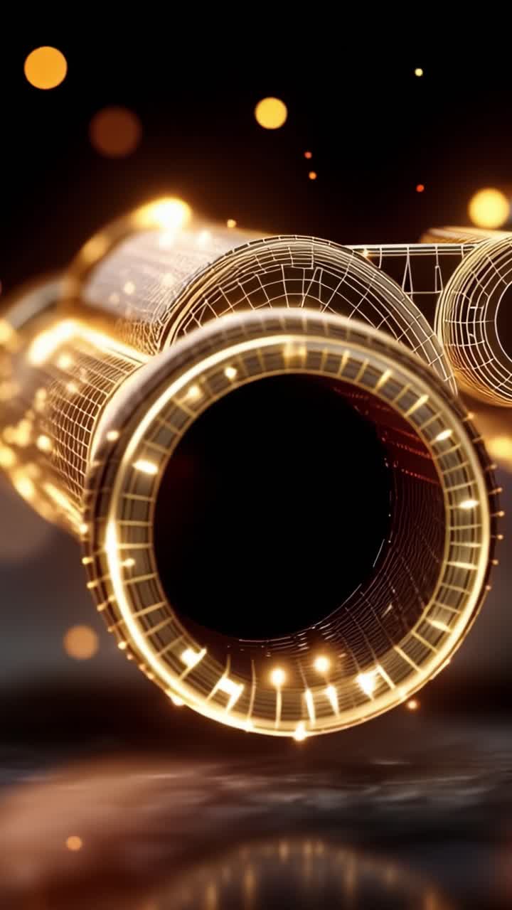 Una splendida rappresentazione visiva di un binocolo dorato che evidenzia complessi schemi a wireframe ed effetti scintillanti, con uno sfondo dinamico di luci colorate.