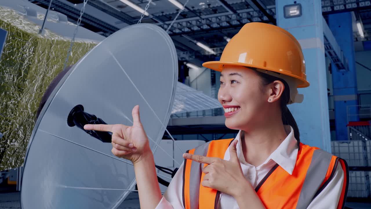 인쇄 공장에서 위성 접시를 가리키는 엔지니어