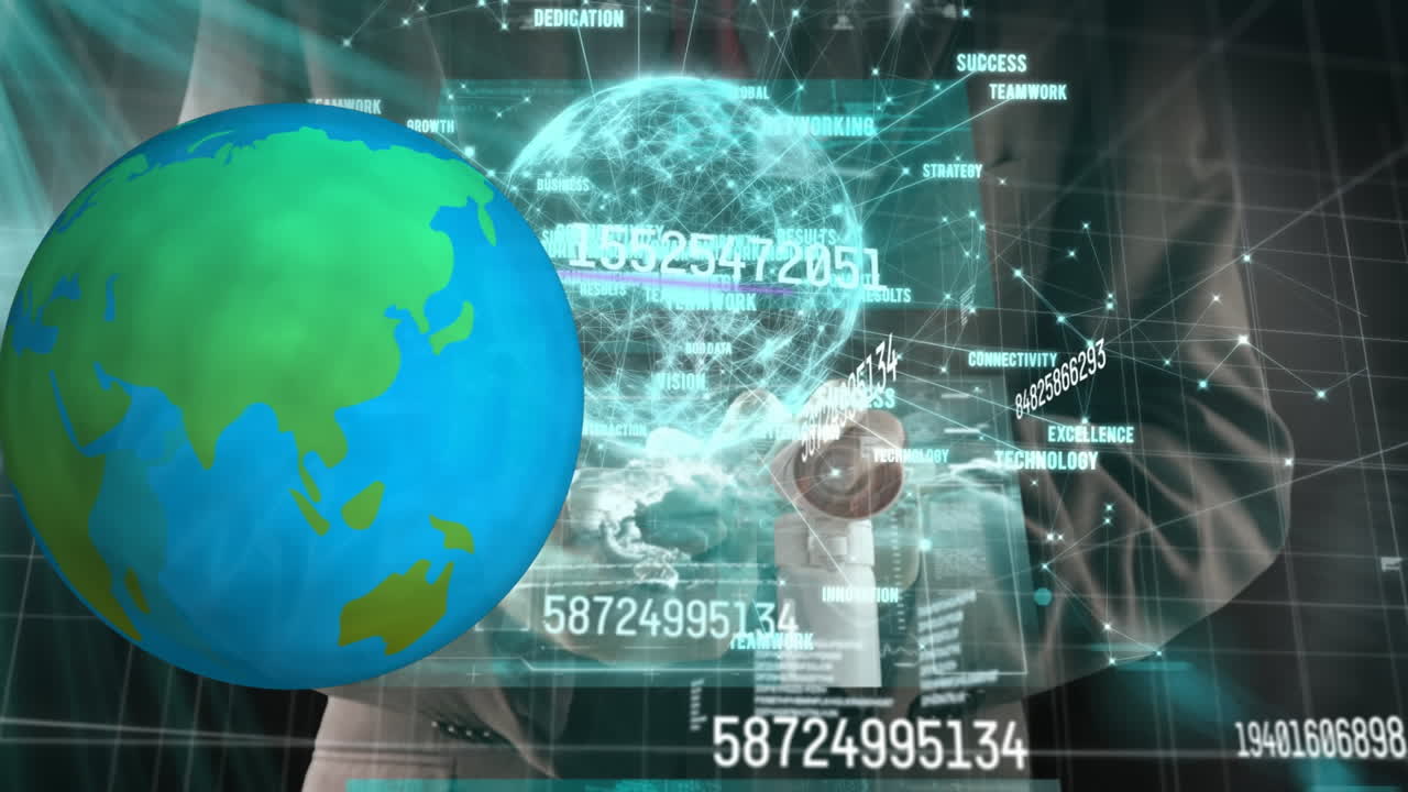 전세계의 애니메이션, 데이터 처리 및 스마트 폰을 사용하는 사업가에 대한 연결 네트워크