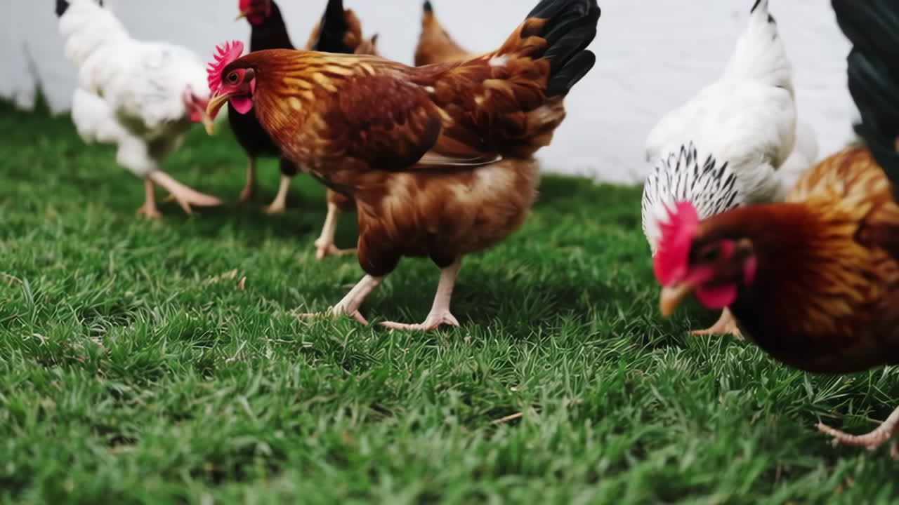 Chickens in a grassy field
