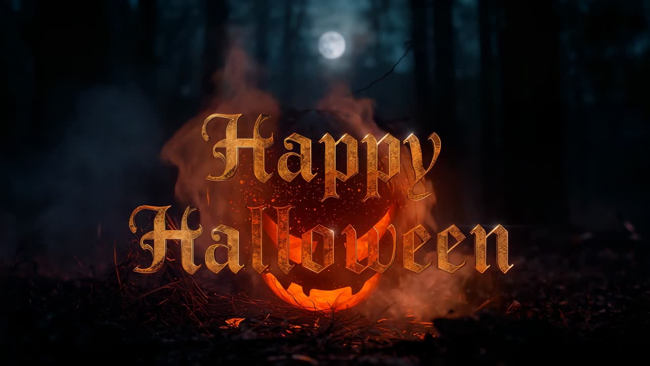 Embers glowing in carved pumpkin, smoke drifting and pulsing Happy Halloween text in moonlit forest