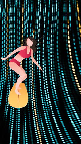 animation of cartoon female surfer over black background with yellow and green lights