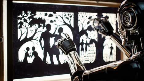 a robotic artist skillfully crafts silhouette art depicting human interactions and nature, capturing emotion through intricate cutouts and a high-tech perspective