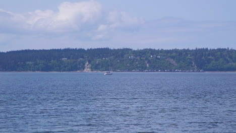 Velero-Distante-Pasando-Por-La-Playa-En-El-Parque-Estatal-De-La-Isla-Camano,-Estado-De-Washington-5sec-60fps