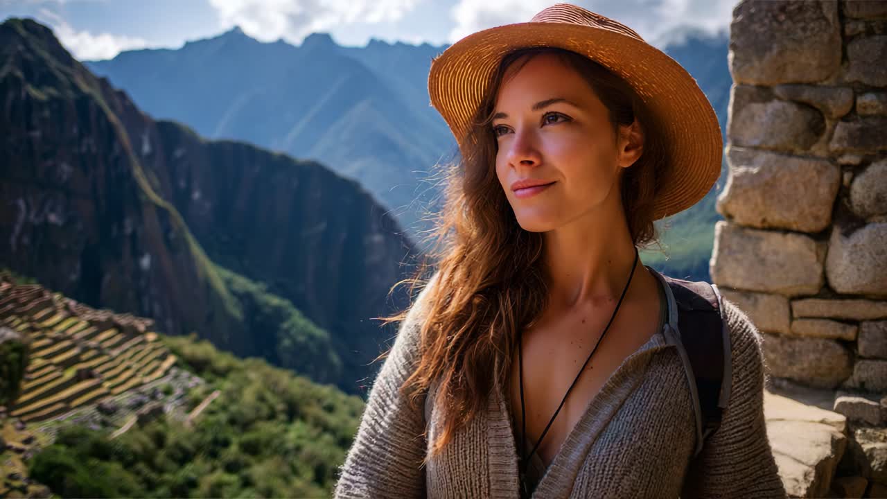 Un viaggio nel tempo: una donna con un cappello di paglia osserva le maestose Ande e le antiche rovine di una civiltà inca al tramonto