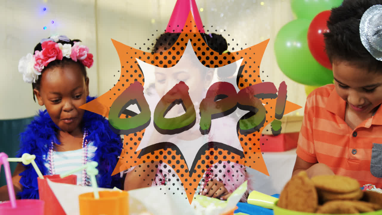 Oops text on speech bubble against kids at a birthday party