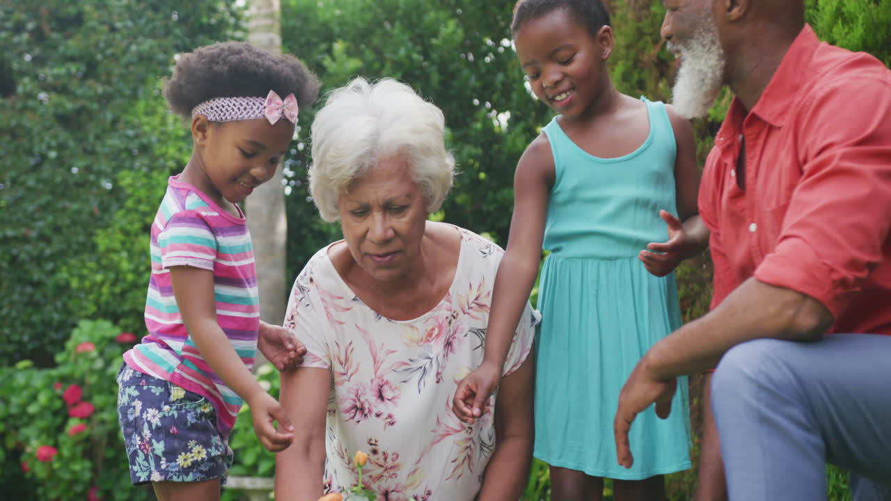 Happy senior african american grandparents with grandchildren working in garden