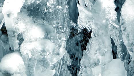 slow motion closeup of small ice waterfall caused by icy stream