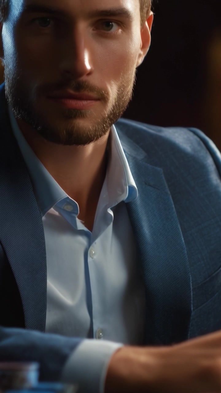 Um Homem Elegante de Terno Azul Exala Confiança e Carisma Enquanto Sentado à Mesa com um Olhar Intenso e Expressão Misteriosa em um Cenário Mal Iluminado