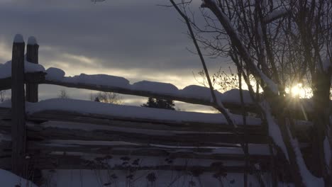 zoom out shot of snow covered fence at dawn, sun shining on horizon