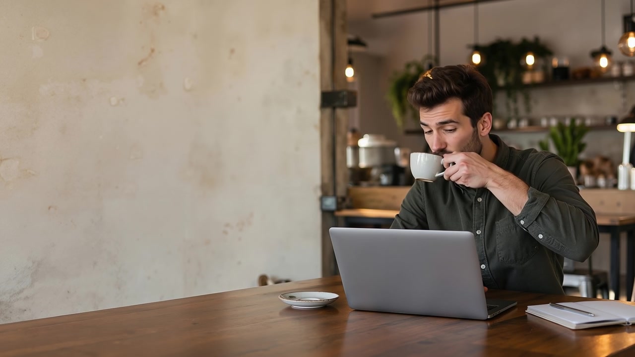 Joven trabajando en un portátil mientras está sentado en una mesa en una cafetería moderna