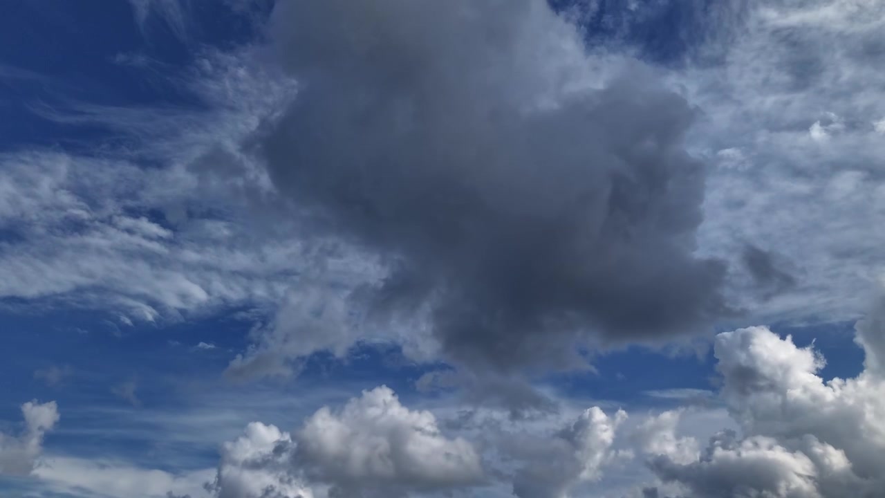 Strati di nuvole estive in movimento contro il cielo blu. Descrizione: Questo suggestivo b-roll atmosferico mostra la maestosa bellezza del mutevole clima di mezza estate. Nuvole pesanti e scure turbinano