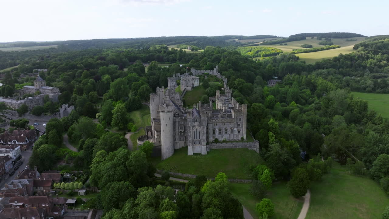 Aerial View Of Arundel Castle With Dense Forest Near The Town In Arundel, West Sussex, UK