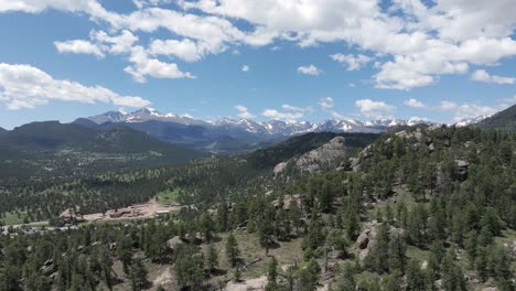 flying above hills and evergreen forests of rocky mountains near estes park, colorado usa