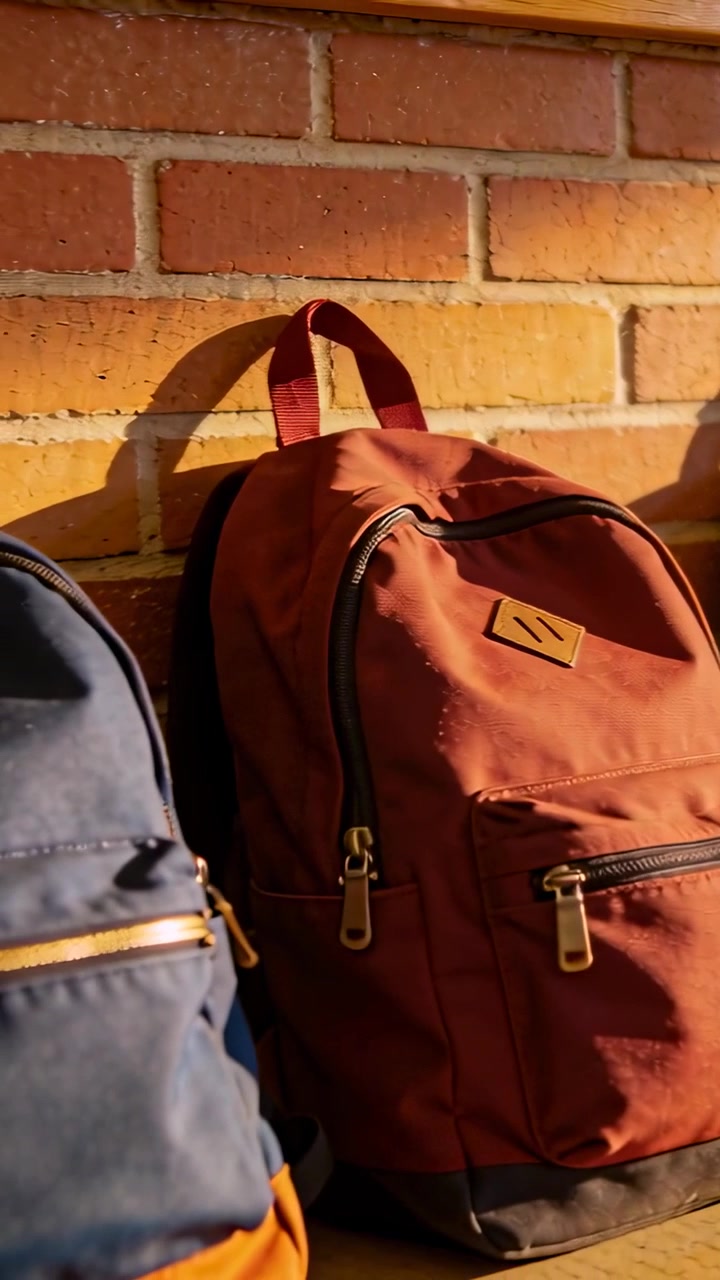 Video vertical: Comenzando un paneo hacia la izquierda, la cámara revela mochilas de color óxido, azul marino y verde en un saliente de madera.