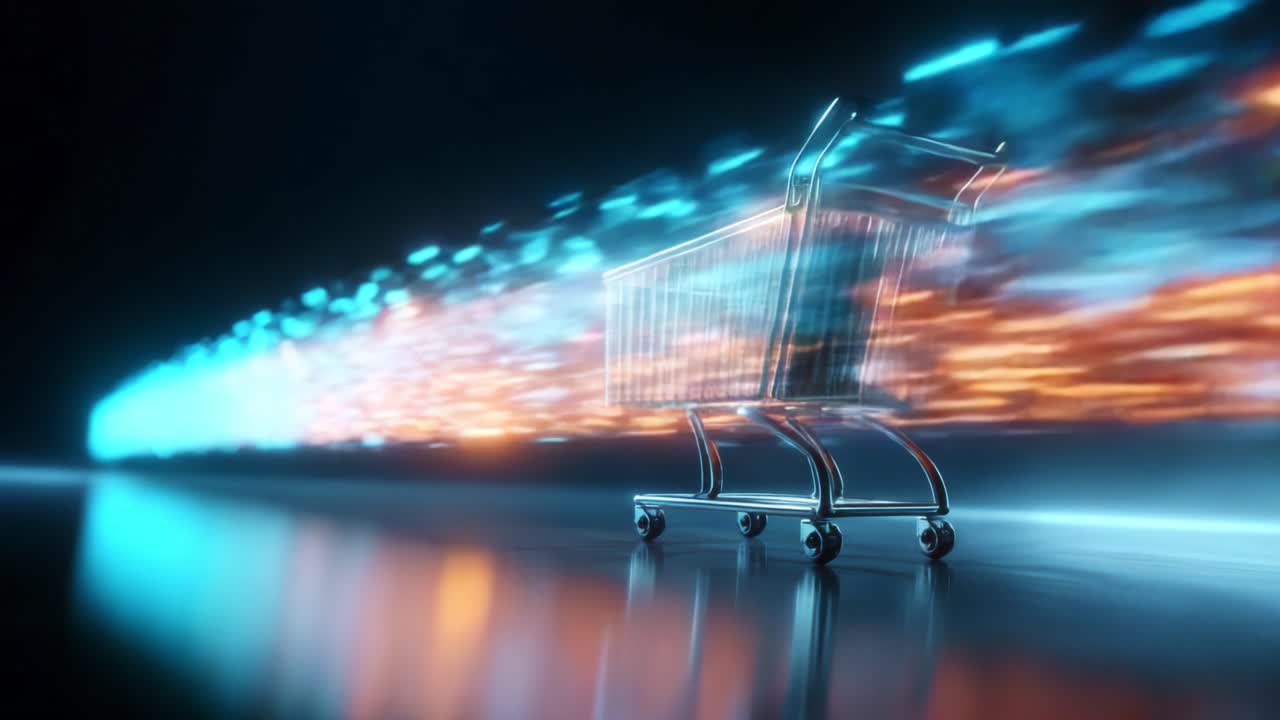 A futuristic shopping cart immersed in vibrant neon lights, illustrating speed and efficiency as it zooms through a digital landscape, capturing the essence of modern retail technology