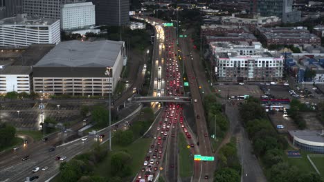 Birds-eye-view-of-cars-on-I-45-freeway-in-Houston,-Texas