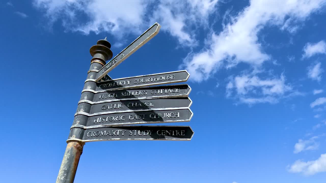 A metal signpost with multiple directional arms rotates slowly under bright daylight, set against a vivid blue sky with scattered clouds in a small town