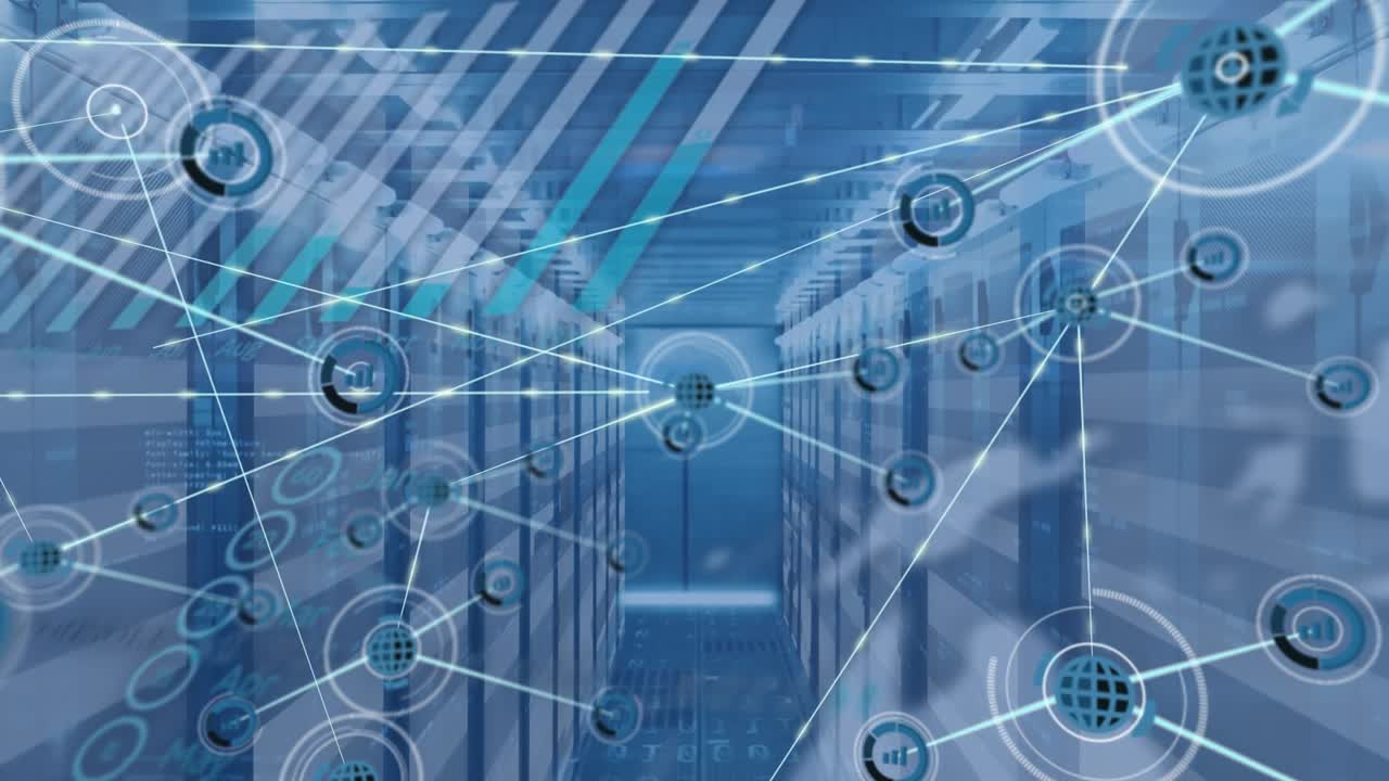 Animation of network of connections with icons over computer servers