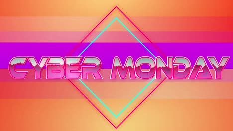 Animation-of-cyber-monday-text-in-pink-metallic-letters-over-neon-lines-on-purple-and-orange