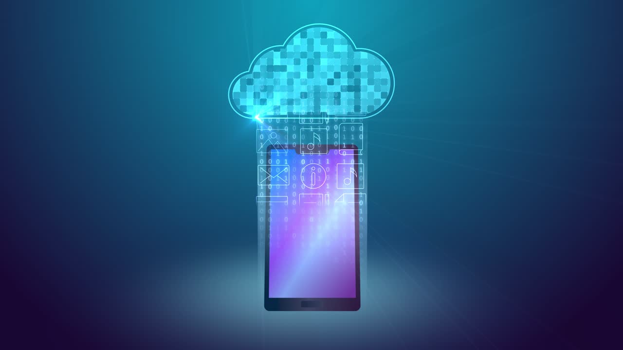 Cloud storage technology. loop animation of cloud online storage and binary code. phone connection. Internet data transmission digital service application. Network computing technologies, hosting