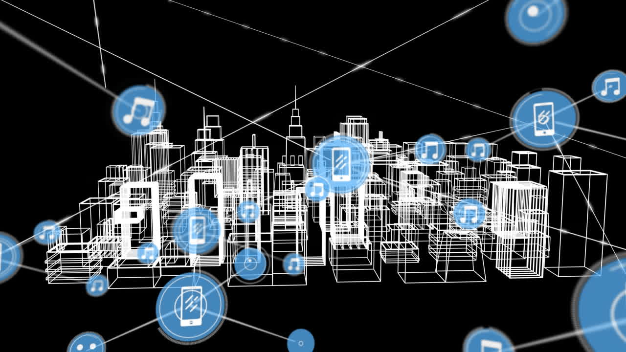 animación de redes de conexiones con iconos sobre el dibujo de la ciudad 3d girando sobre fondo negro