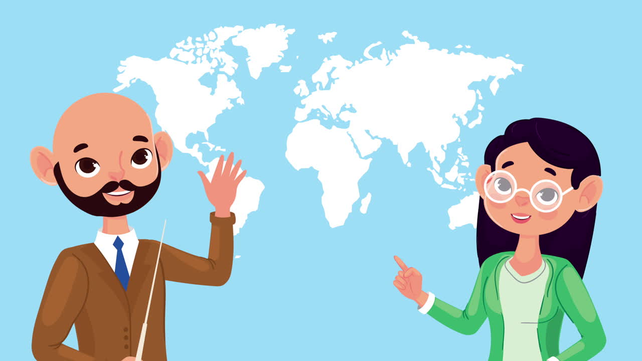 pareja de maestros con animación del mapa del mundo
