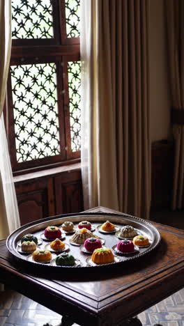 traditional sweets on a tray in an antique interior