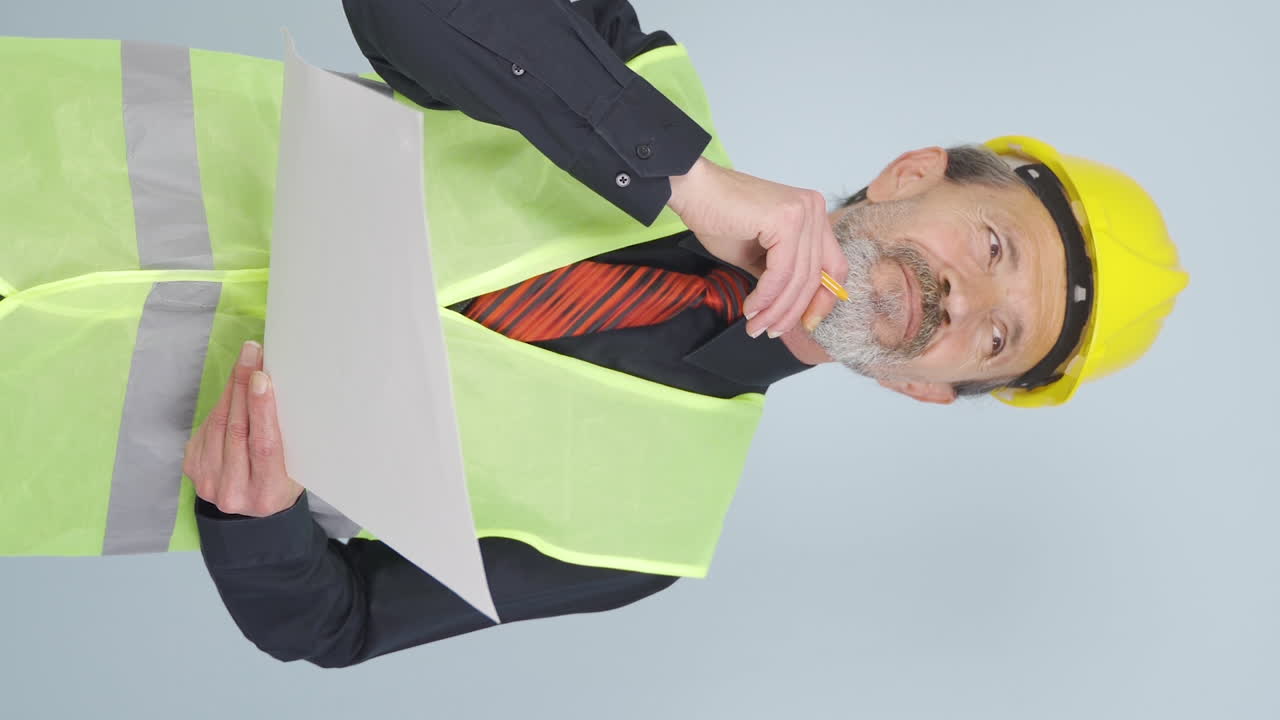 el video vertical del viejo ingeniero viendo la construcción es reflexivo.