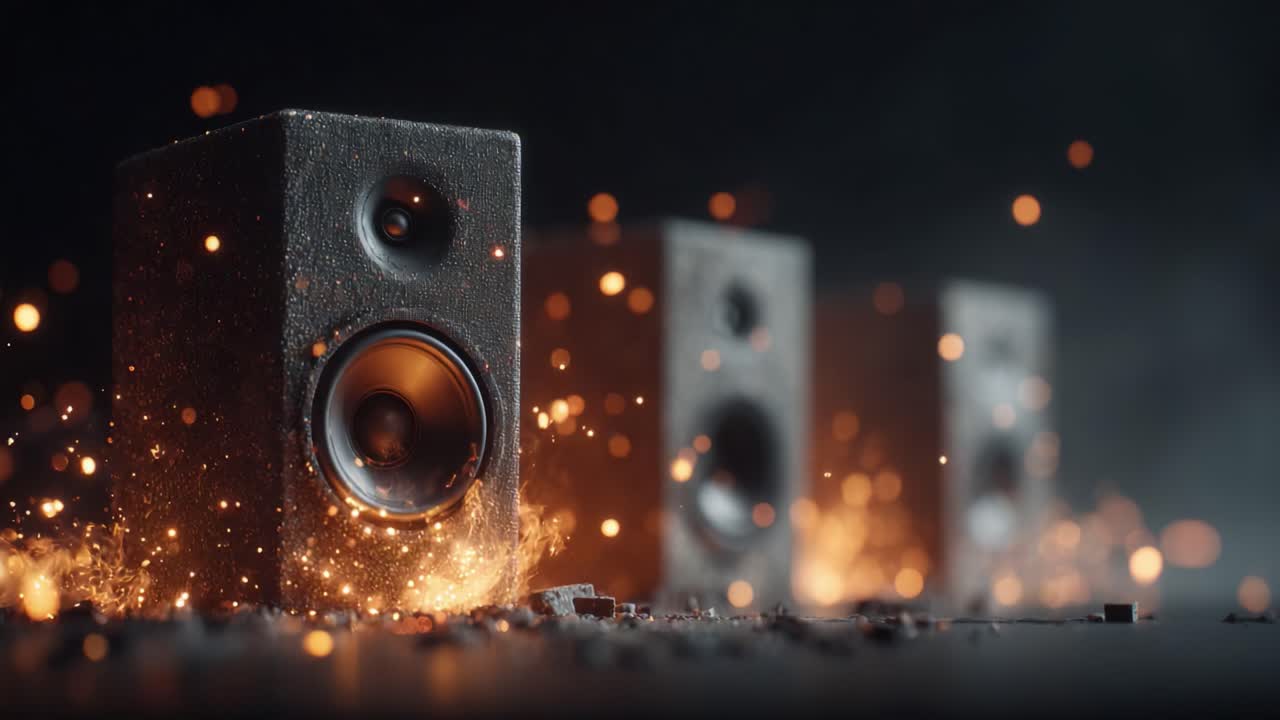 Dynamic Close-Up of High-Performance Speakers Amidst Sparkling Particles and Glowing Embers, Capturing the Essence of Powerful Sound and Visual Impact