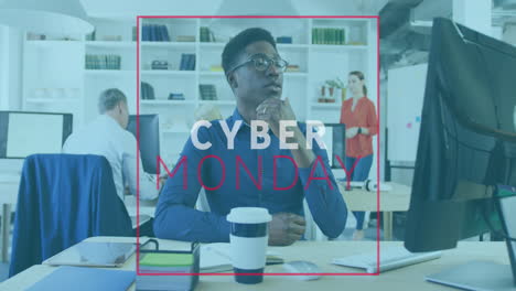 Animación-Del-Banner-De-Texto-Del-Cyber-Monday-Sobre-Un-Reflexivo-Hombre-Afroamericano-Usando-Una-Computadora-En-La-Oficina