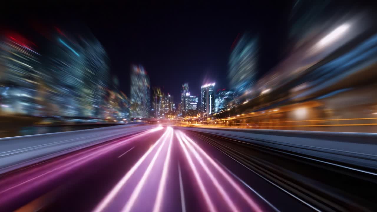 Paesaggio urbano notturno dinamico: luci e movimento accattivanti creano un'atmosfera energica nella vita urbana, mettendo in mostra la bellezza dell'architettura moderna e della velocità