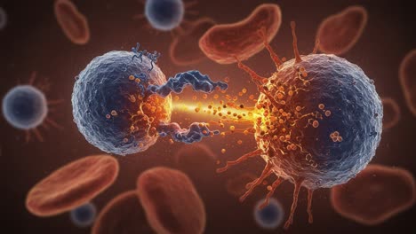 a stunning microscopic view of two immune cells engaging in a dynamic interaction, illustrating the complex dance of cellular communication and immune response.