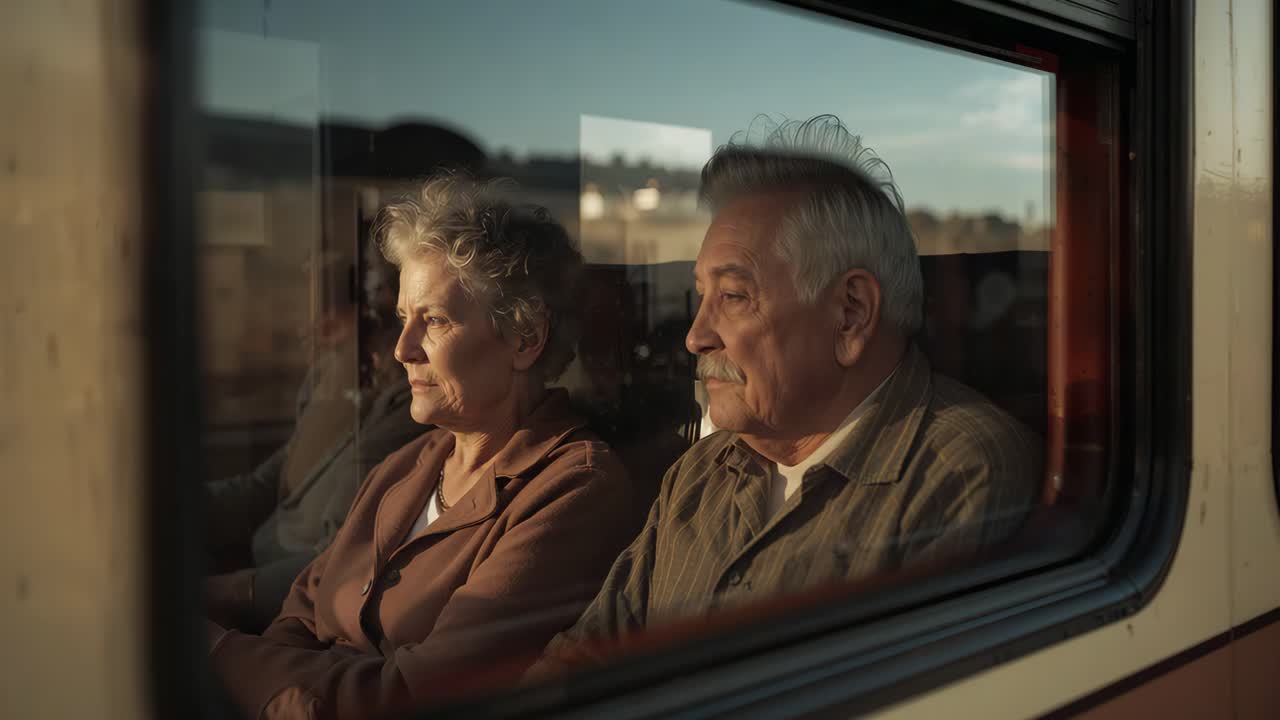 Noticing train departure, elderly couple gazing through carriage window, with fields and warm light