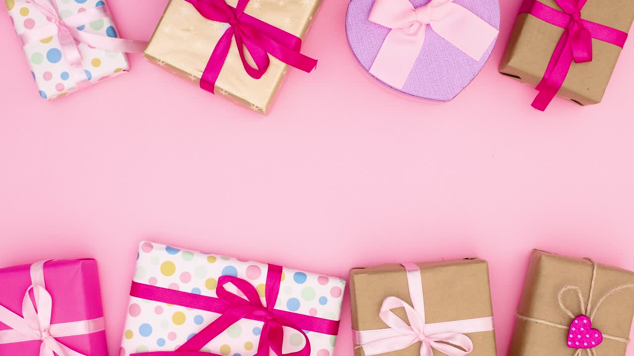 Pile of gifts move on bottom and top of pink theme. Stop motion