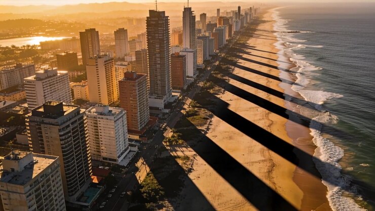 Câmera aérea iniciando rastreamento, mostrando torres de praia e areia sob luz dourada com longas sombras.