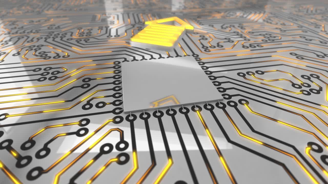 Bright orange rotating computer circuit board concept upload arrow loop 4K