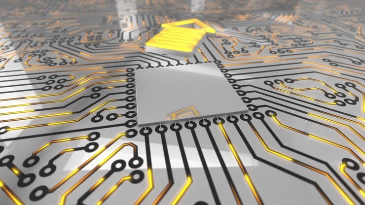 Bright orange rotating computer circuit board concept upload arrow loop 4K