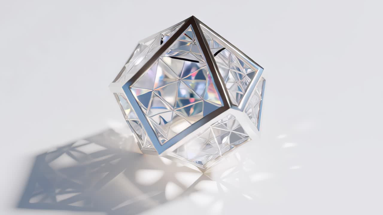 Elegant rotating crystal polyhedron with reflective metallic frame casting soft light patterns on a clean white surface, ideal for technology, luxury design or abstract background concepts