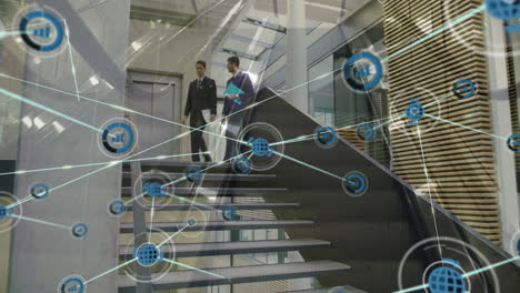 animation of network of connections with icons over diverse business people