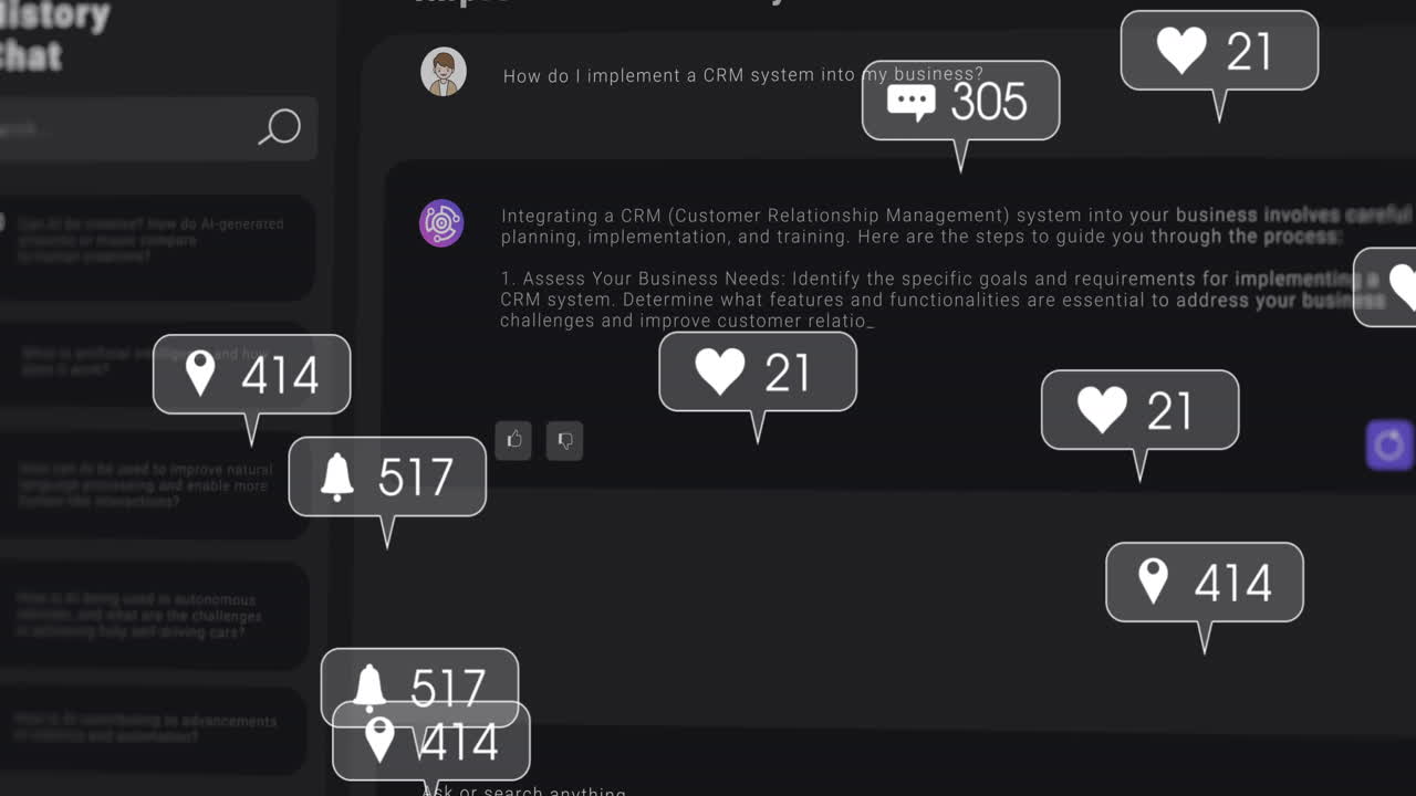 블랙 배경에 미디어 아이콘과 ai 채팅의 애니메이션